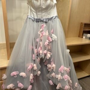 Elegant Gray and Pink Gown with Floral Accents